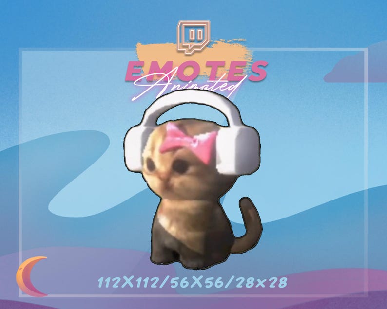 May include: Animated Twitch emote featuring a brown and white cat wearing white headphones and a pink bow. The emote is available in four sizes: 112x112, 56x56, 28x28.