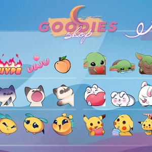 May include: A digital illustration of various cartoon characters and emojis. The characters include a peach, a cat, a bunny, a bee, a Pikachu, a Yoda, and a cat with a knife. The text "GOODIES shop" is at the top of the image.