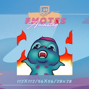 May include: Animated Twitch emote featuring a blue creature with a red hat, screaming and surrounded by flames. The emote is available in four sizes: 112x112, 56x56, 28x28.