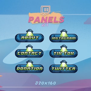 May include: Six blue and green Twitch panels with a UFO design. The panels feature the text "About", "Contact", "Donation", "Instagram", "TikTok", and "Twitter". The panels are 320x160 pixels.