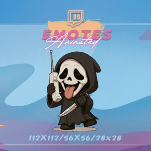 May include: Animated emote featuring a cartoon Ghostface character from the Scream movies. The character is in a black robe, holding a knife and a retro cell phone. The text "EMOTES Animated" is above the character.