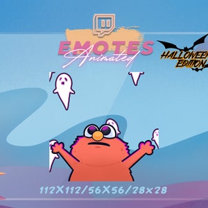 Può includere: Emote Twitch animate con un mostro rosso con occhi grandi e un'espressione sorpresa. Il mostro è circondato da fantasmi bianchi. Il testo "EMOTES Animated" e "HALLOWEEN EDITION" è visualizzato in rosa e giallo. Il testo "112x112/56x56/28x28" è visualizzato in bianco.