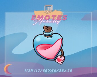 May include: Animated Twitch emote featuring a heart-shaped bottle with a pink liquid inside. The bottle has a cork stopper and a small tag with a heart on it. The text "EMOTES Animated" is visible in the background.
