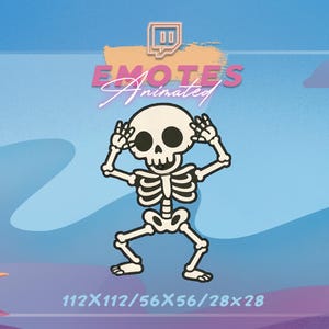 May include: Animated skeleton character with a skull head and rib cage, dancing with its arms up. The image includes the text "EMOTES Animated" and a Twitch logo. The image dimensions are listed as 112x112, 56x56, and 28x28.