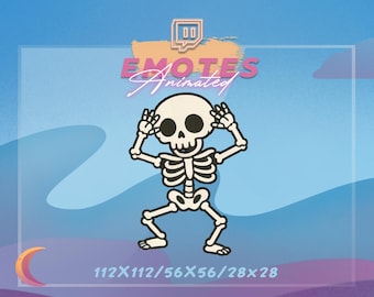 May include: Animated skeleton character with a skull head and rib cage, dancing with its arms up. The image includes the text "EMOTES Animated" and a Twitch logo. The image dimensions are listed as 112x112, 56x56, and 28x28.