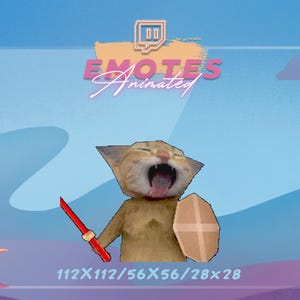 Puede incluir: Emoticono animado de Twitch con un gato de dibujos animados con una espada y un escudo. El gato es de color marrón claro con la boca abierta. El fondo es azul con las palabras "EMOTES Animated" y el logo de Twitch.