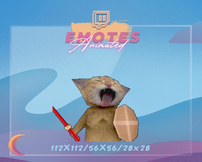 Puede incluir: Emoticono animado de Twitch con un gato de dibujos animados con una espada y un escudo. El gato es de color marr&oacute;n claro con la boca abierta. El fondo es azul con las palabras "EMOTES Animated" y el logo de Twitch.