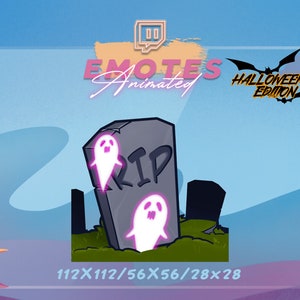 May include: Animated Twitch emote featuring a gray tombstone with the word "RIP" on it. Two glowing pink ghosts are hovering near the tombstone. The emote is part of a Halloween edition set. The text "112x112/56x56/28x28" is at the bottom of the image.