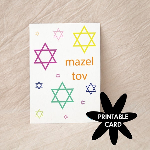 Printable, Greeting Card, Colorful Mazel Tov Design, Perfect for Jewish Weddings, Bat or Bar Mitzvah, Unique Gift