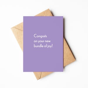 Tarjeta de felicitación de bebé morado, tarjeta de felicitación, tarjeta de nuevo paquete de alegría, nota para enviar buenos deseos, regalo considerado para padres