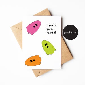 Feliz Halloween, tarjeta de felicitación imprimible en blanco, truco o trato, linda ilustración de fantasma, regalo para un amigo, clima de suéter, temporada espeluznante