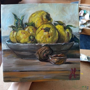Original Quince Fruit Oil Painting - 20x20cm Still Life Art on Stretched Canvas - Kitchen Wall Decor - Unique Gift for Foodie