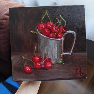 Vibrant Red Cherry Painting in Mug | Original Acrylic Still Life Art | Small Kitchen Wall Decor | Handmade Fruit Art Gift
