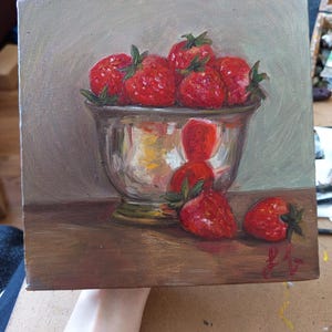 Vibrant Strawberry Still Life Painting, Original Small Fruit Art, Kitchen Wall Decor, Hand-Painted Strawberries, Gift for Foodie