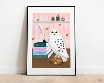 Harry's Snowy Owl Illustration, Magical Owl Illustration, Whimsical Wizarding Magic School Print