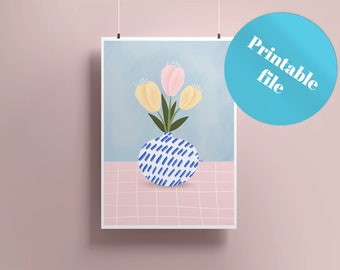 PRINTEBLE Tulips in Vase Illustration, Flower vase Artwork, Floral Art, Home Flowers, Spring, Print at home, Minimalistic Wall Art, Abstract