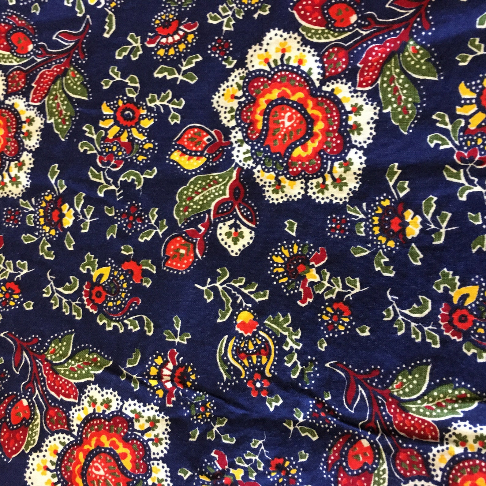 1/2 Yard Jacobean Floral Fabric Navy Blue Olive Green Orange Bold