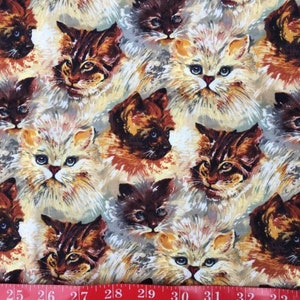 90s Mini Feline Cat Fabric Collectible FQ 18x22 Vtg Alexander Henry 1995 Cotton Yardage oop Neutral Brown Cream