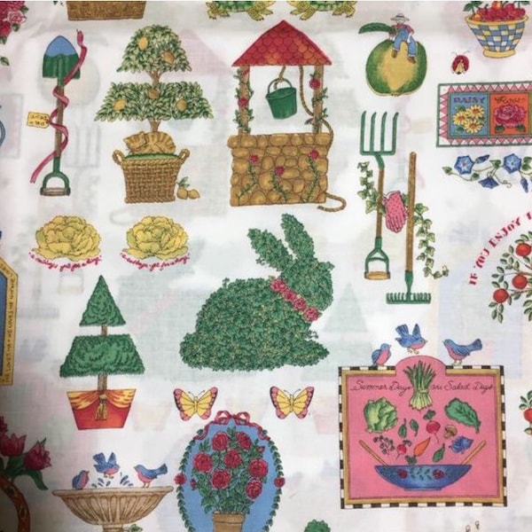 Gardening Scenes Fabric Topiary Sun Tools Garden Wishing Well Birdbath Joan Kessler Concord 100% Cotton Quilting oop