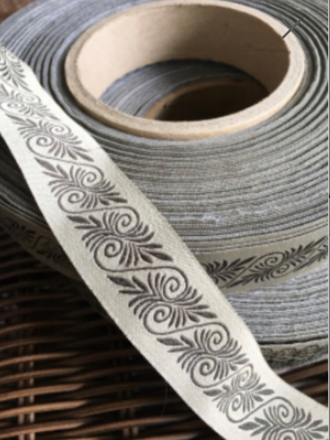 Vintage Jacquard Sewing Trim Fern and Scroll GRAY and OYSTER Decorative Upholstery 1 by the Yard