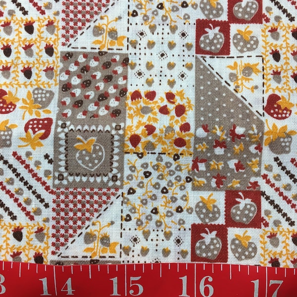 1980s STRAWBERRY PATCHWORK Fabric Vintage Red | Tan | Folk Art Quilting 70s 80s Cotton Calico Cheater Strawberries