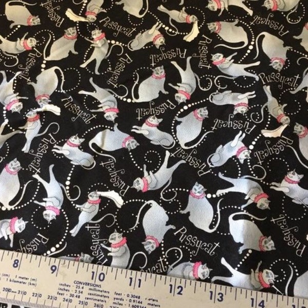 PUSSYCAT Fabric Cat Pearl Strand Black Gray The Owl And The Pussycat Edward Lear poem Cotton OOP Possibilities for Avlyn