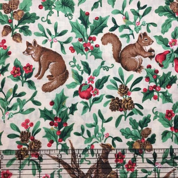 18x44 WOODLAND ANIMAL Christmas Fabric Deer, Oak, Acorn, Squirrel, fruit Quilting Cotton Large Scale