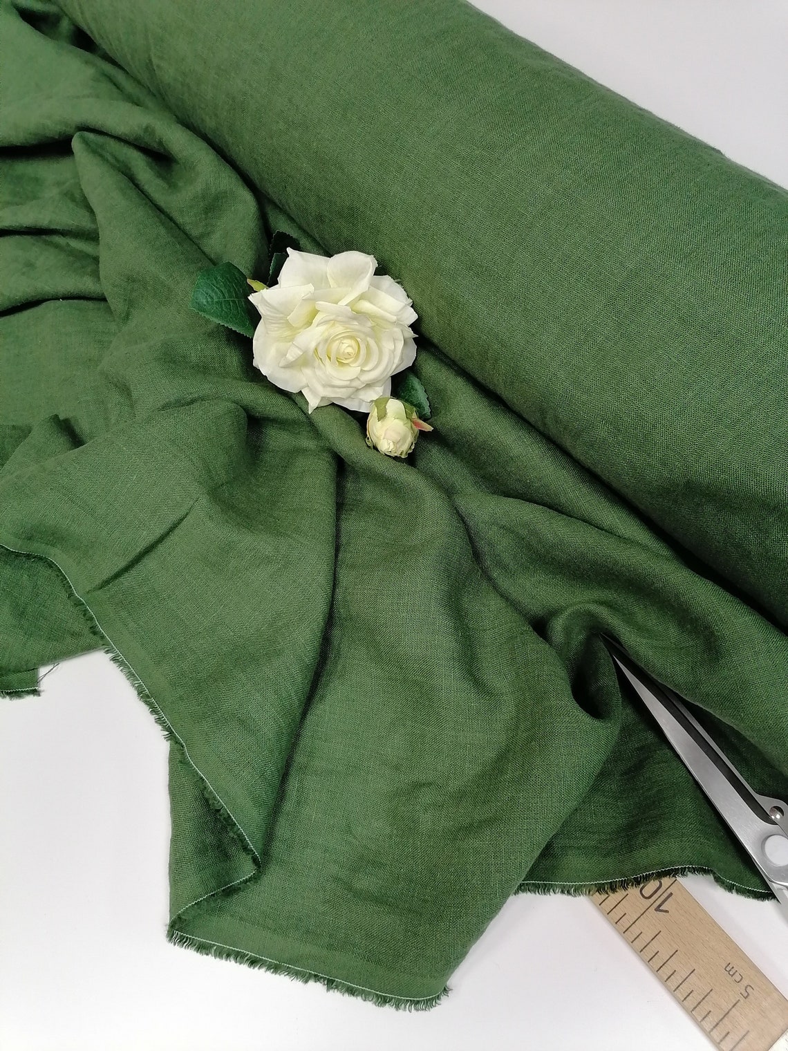 Moss green linen fabric by the yard/meter. Stonewashed Etsy