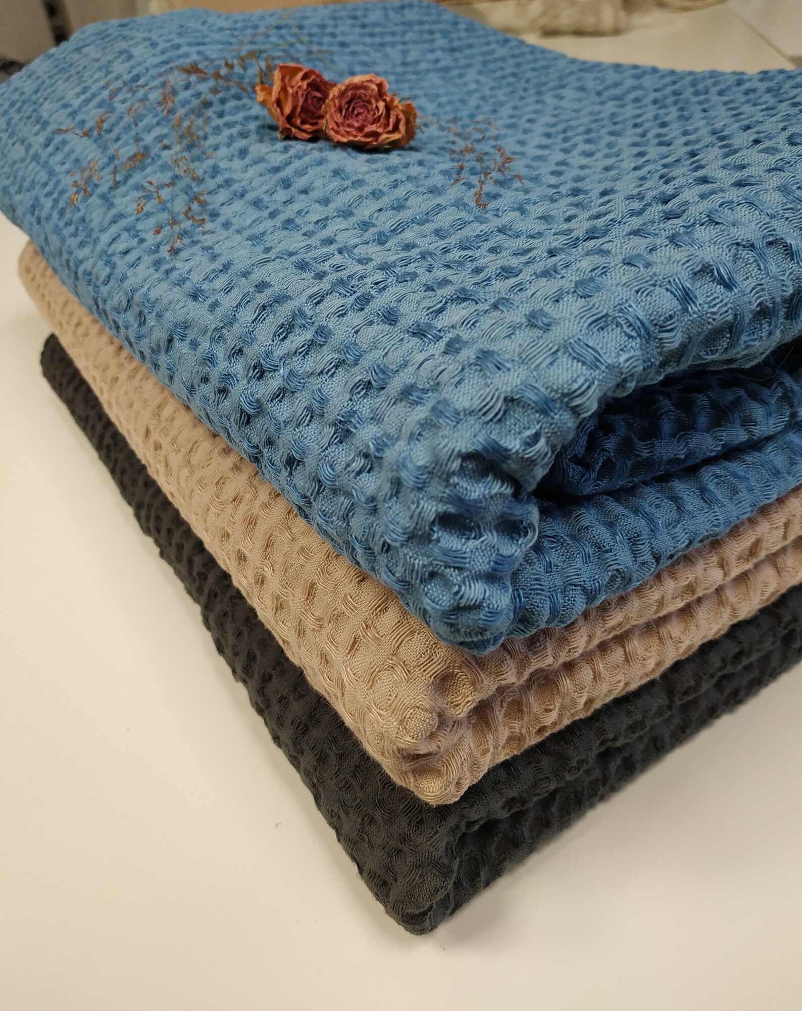 Blue Waffle Linen Bed Cover/throw Blanket Housewarming Gift. Etsy