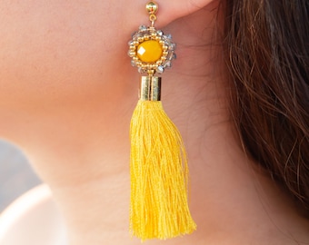 Gele oorbellen met kwastjes: handgemaakte Mexicaanse strass boho-sieraden
