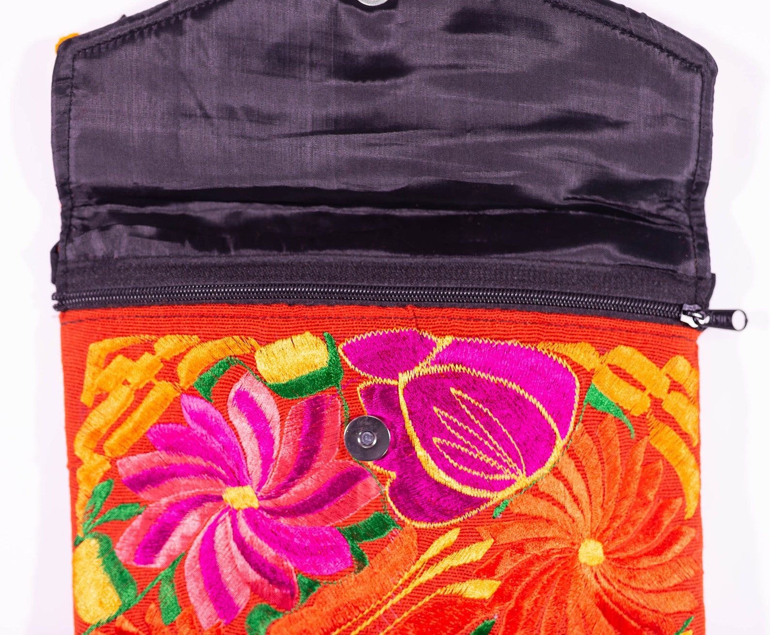 Petit Sac à Main Brodé Main En Velours Vert - Pochette Fleurie à Cordon - 20.5x20 Cm