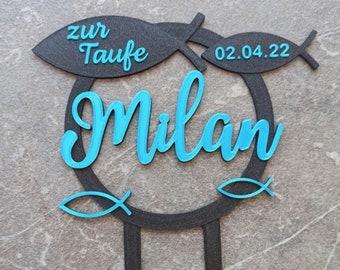 Cake Topper - Taufe Fisch - Kommunion Konfirmation Firmung - Caketopper - Kuchen - Gastgeschenk Name - Tortenfigur Tortendeko - Deko -