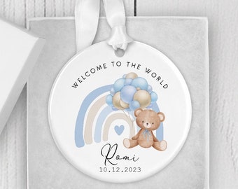 Personalised New Baby Boy Gift, Newborn Keepsake, Bauble, For Memory Box, New Parents, Birth Announcement, For New Baby, Rainbow, Blue Boys