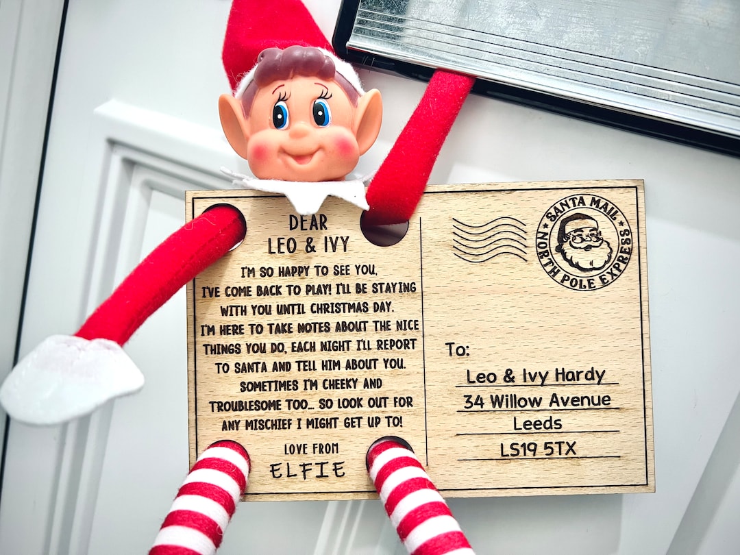 Elf Arrival Postcard Wooden Christmas Card, Personalised Naughty Elf