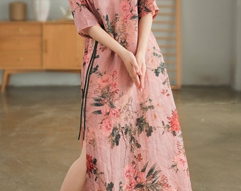 Autumn Breezy Print Cheongsam - Pink Floral / Green Tree Print - Linen Dress - Modern Cheongsam - Loose Qipao - Temperament Dress