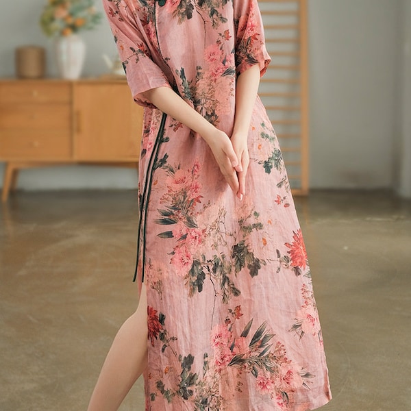 Herbst Luftiges Print Cheongsam - Pink Floral / Grüner Baum Print - Leinen Kleid - Modernes Cheongsam - Lockeres Qipao - Temperament Kleid