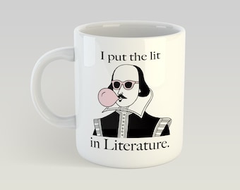 Taza novedosa "Pongo la literatura en la literatura", con texto en inglés "Shakespeare", para profesores de teatro y drama, en caja de regalo de 325 ml.