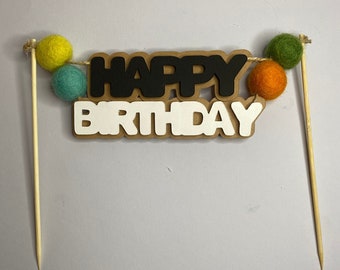 General Happy Birthday Neutral Cake Topper with Wool Balls