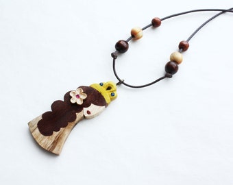 Beautiful princess necklace , handmade carved wood gorgeous girl with crown and ruby gemstone, princess gift idea