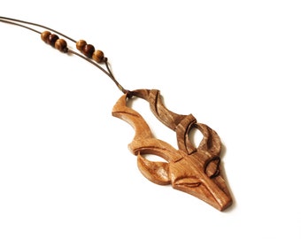 Wooden deer necklace, deer buck pendant , handmade carved wood art , Celtic Stags Head , Scottish Gift