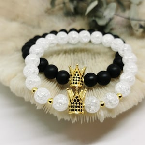 Set of 2 King & Queen partner bracelets (1x Crystal White + 1x Onyx Black) !Personalizable! Pearl bracelet, friendship bracelet, gift idea