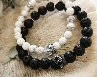 2er SET King & Queen Partner Bracelet (1x Marble White + 1x Lava Black) ! Customizable! Pearl bracelet, friendship bracelet, gift idea