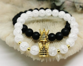 2er SET King & Queen Partner Bracelet (1x Crystal White + 1x Onyx Black) ! ¡Personalizable! Pulsera de perlas, pulsera de la amistad, idea de regalo