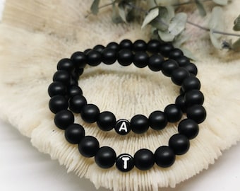 2pcs SET ONYX partner bracelet with letters (2x Onyx) ! Customizable! Gift, Pearl Bracelet, Friendship Bracelet, Couple Bracelet