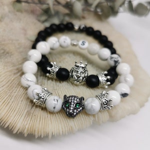 2pcs SET partner bracelet with tiger and crown (1 marble white & 1 onyx black)! Pearl Bracelet, Friendship Bracelet, Couple Bracelet