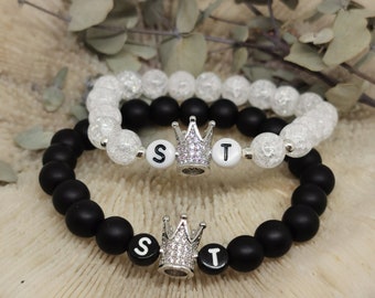 2er SET King & Queen bracelets with letters and silver crowns (1x Crystal White + 1x Onyx Black) ! Pearl bracelet, gift idea
