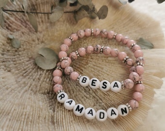 2er bracelet d’amitié SET avec lettres (2x pierres de marbre rose) ! Personnalisable! Cadeau, Bracelet Perle, Bracelet Amitié