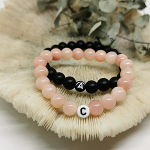 2pcs SET partner bracelet with letters (1 pink jade & 1 onyx)! Customizable! Gift, Pearl Bracelet, Friendship Bracelet, Couple Bracelet