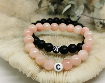 2pcs SET partner bracelet with letters (1 pink jade & 1 onyx)! Customizable! Gift, Pearl Bracelet, Friendship Bracelet, Couple Bracelet