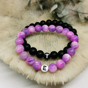2pcs SET partner bracelet with letters (1 purple jade & 1 onyx)! Customizable! Gift, Pearl Bracelet, Friendship Bracelet, Couple Bracelet